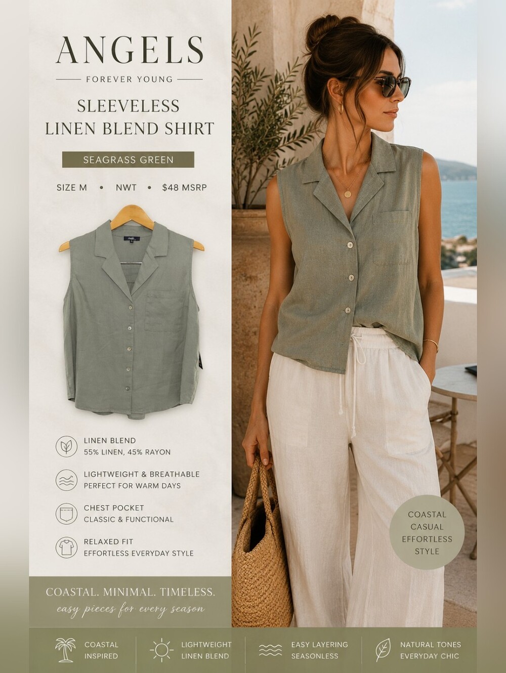 NWT Angels Linen Blend Sleeveless Button Front Top Seagrass Sage Green M
